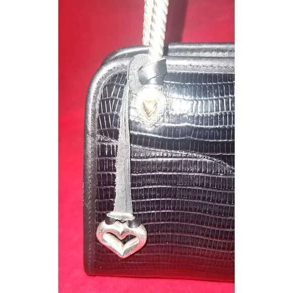 Vintage 1980s Brighton Black Croc Embossed Leather Double Metal Handle Box Purse